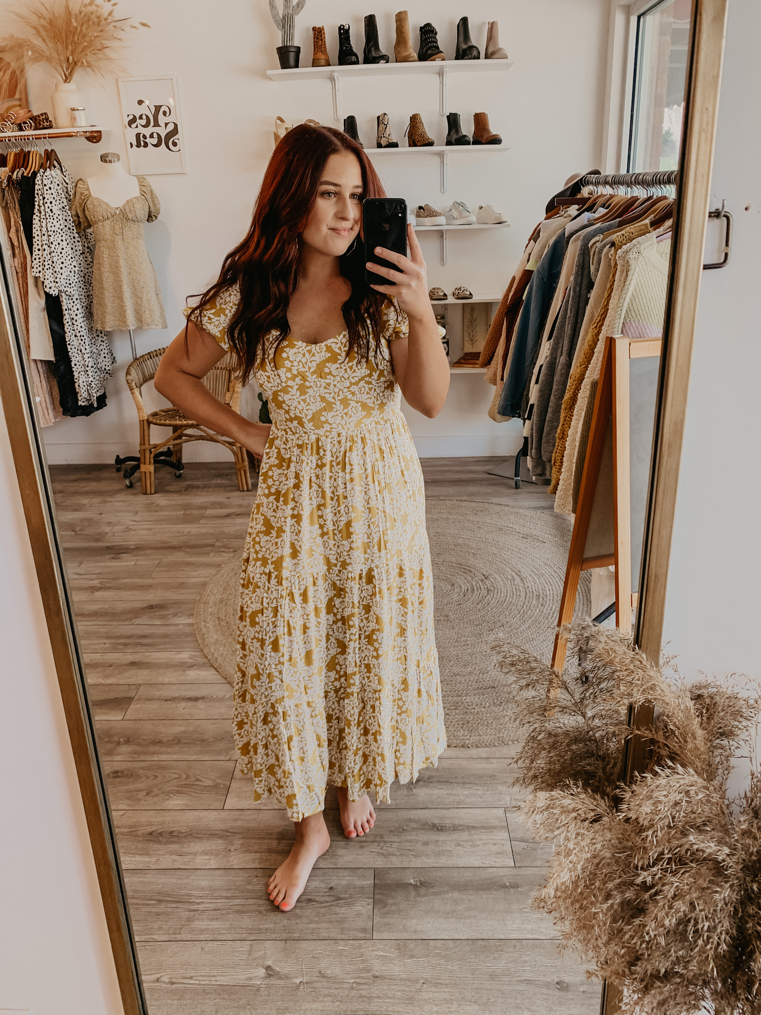 mustard floral dress